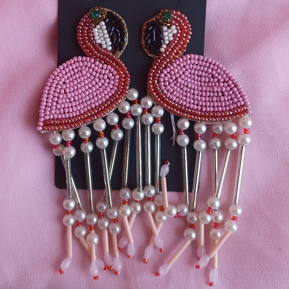 Pink Beaded Flamingo Earrings